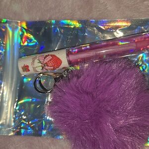Purple Fluffy Pom Pom with Strawberry Lip Gloss